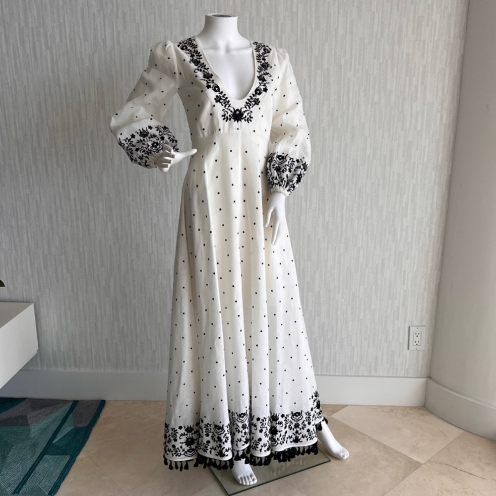 Zimmermann polka dot white and black linen dress with embroidery and tassels